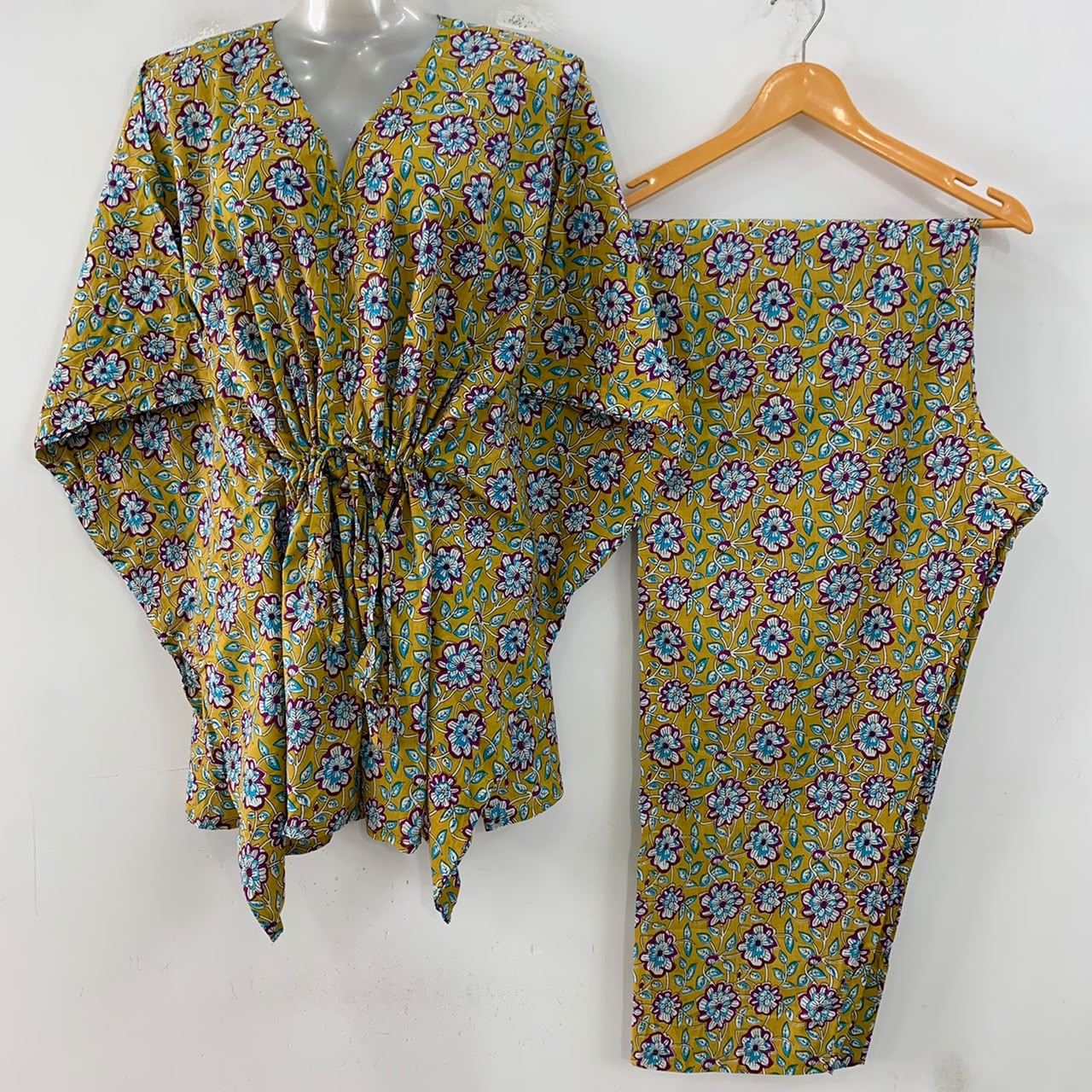 Mustard Yellow Shade Purple Flower Print Cotton Maternity Kaftan Co-Ord Set