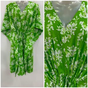 Light Green Shade White Flower Bunch Print Mid-Length Rayon Maternity Kaftan Dress