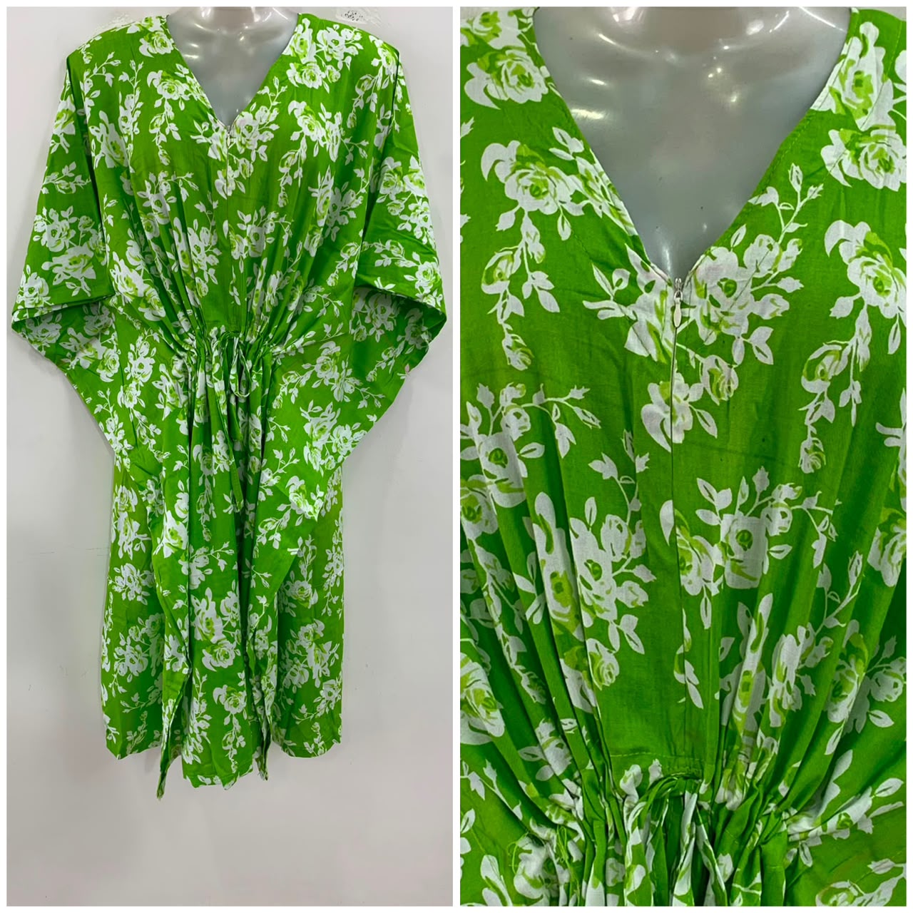 Light Green Shade White Flower Bunch Print Mid-Length Rayon Maternity Kaftan Dress