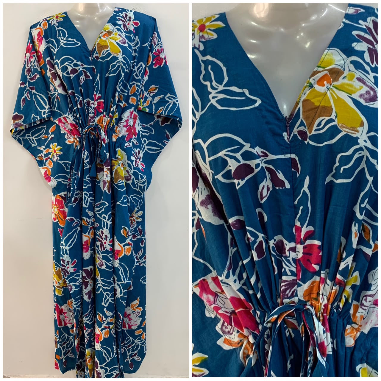 Blue Shade Multicolor Flower Outliner Print Cotton Maternity Nursing Kaftan