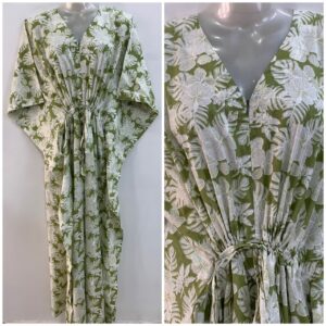 Green Shade White Hibiscus Leafy Print Cotton Maternity Nursing Kaftan