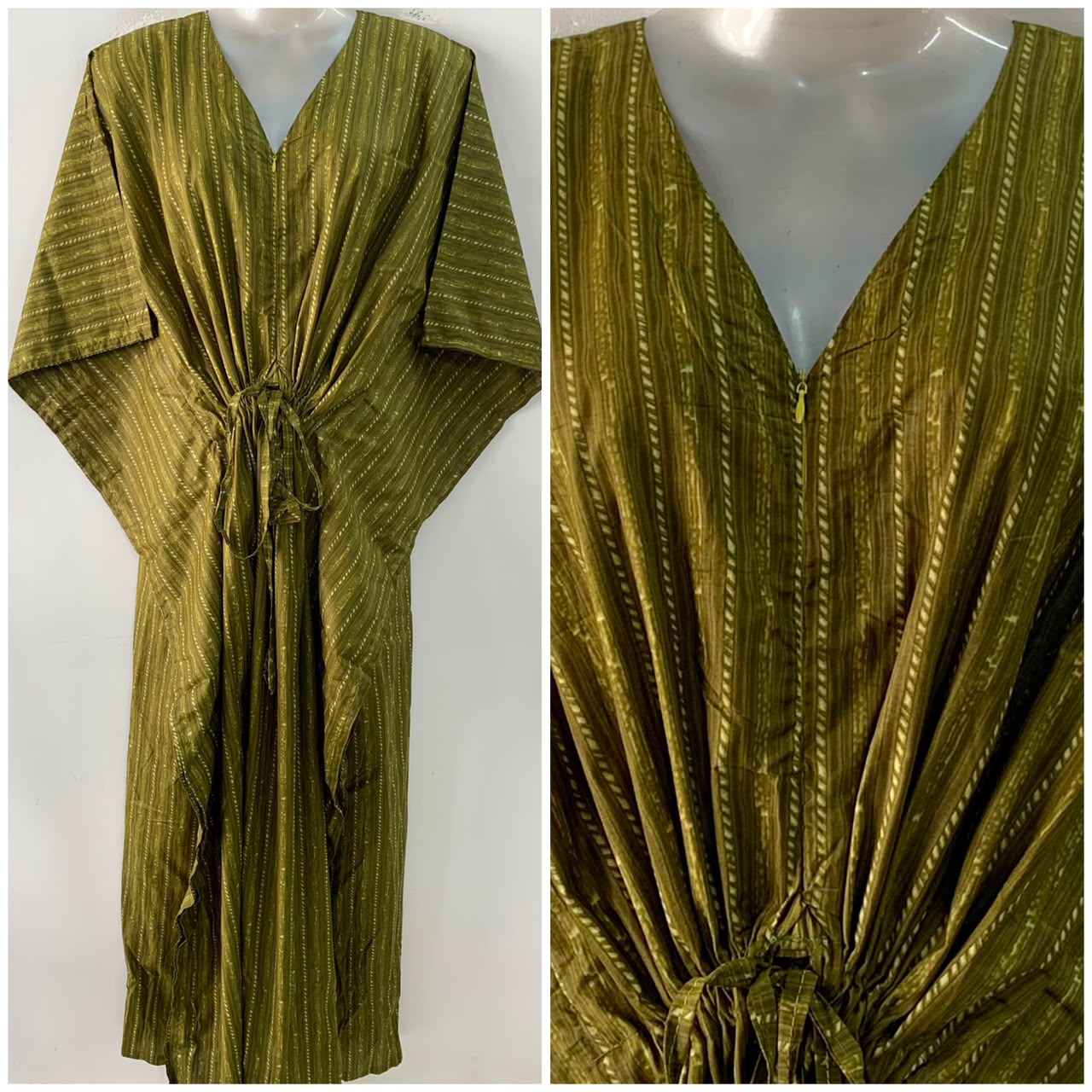 Olive Green Shade Lining Print Cotton Maternity Nursing Kaftan