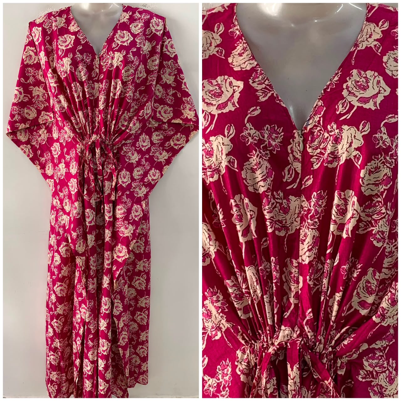 Dark Pink Shade Rose Print Cotton Maternity Nursing Kaftan