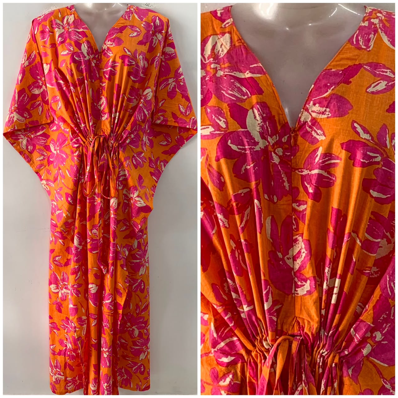 Orange Shade Pink Painted Flower Print Cotton Maternity Nursing Kaftan