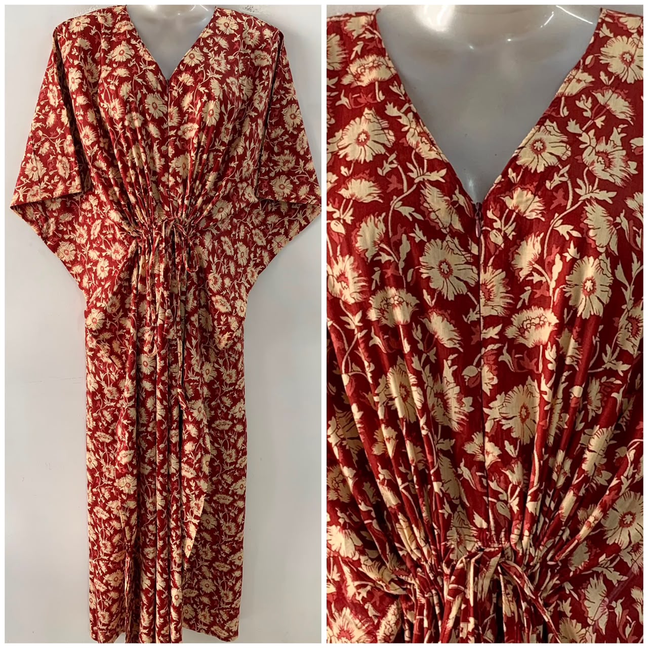 Brick Red Shade Small Poppy Flowery Print Cotton Maternity Nursing Kaftan