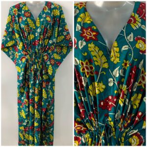 Dark Seagreen Shade Red-Yellow Leafy Print Cotton Maternity Nursing Kaftan