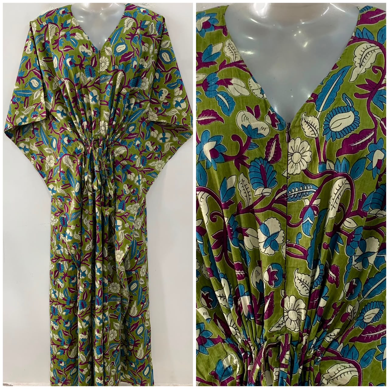 Fresh Green Shade Blue-Purple Flower Leafy Bale Print Cotton Maternity Nursing Kaftan