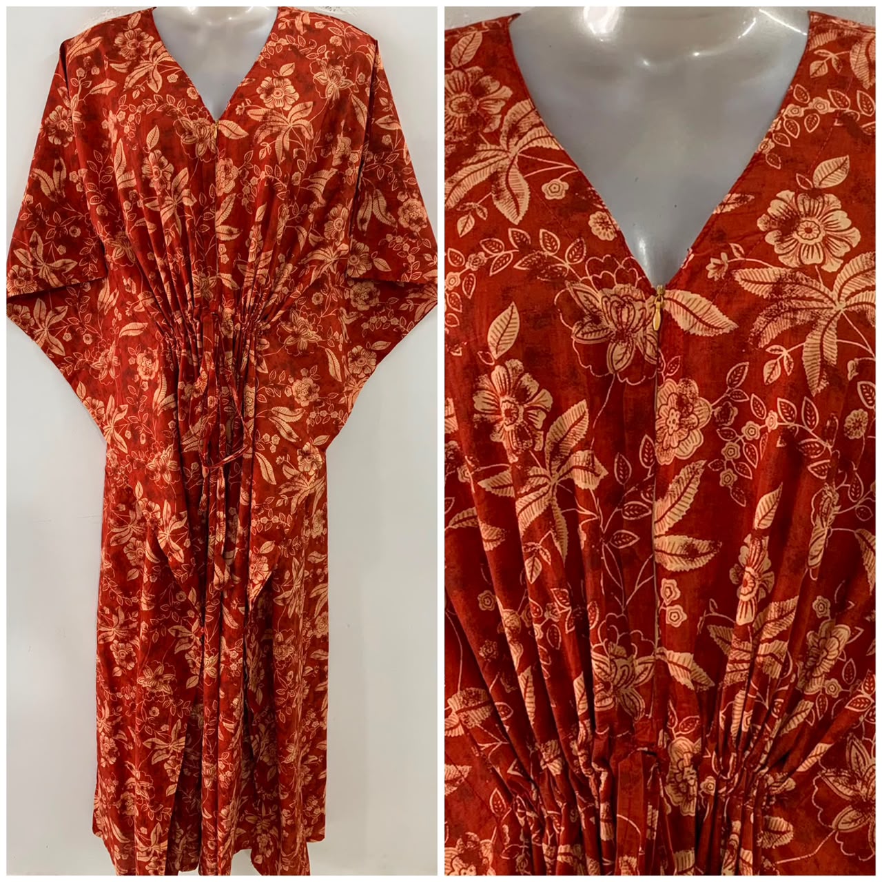 Brick Red Shade Cream Flower Jungle Print Cotton Maternity Nursing Kaftan