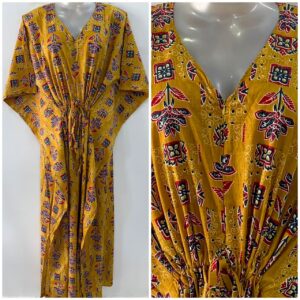Mustard Yellow Shade Block Flower Print Cotton Maternity Nursing Kaftan