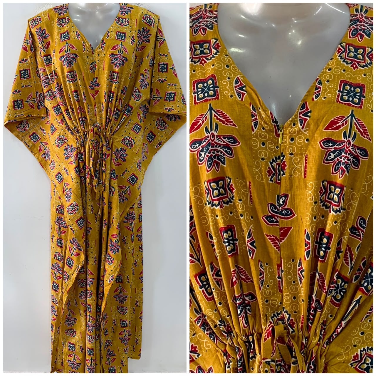 Mustard Yellow Shade Block Flower Print Cotton Maternity Nursing Kaftan