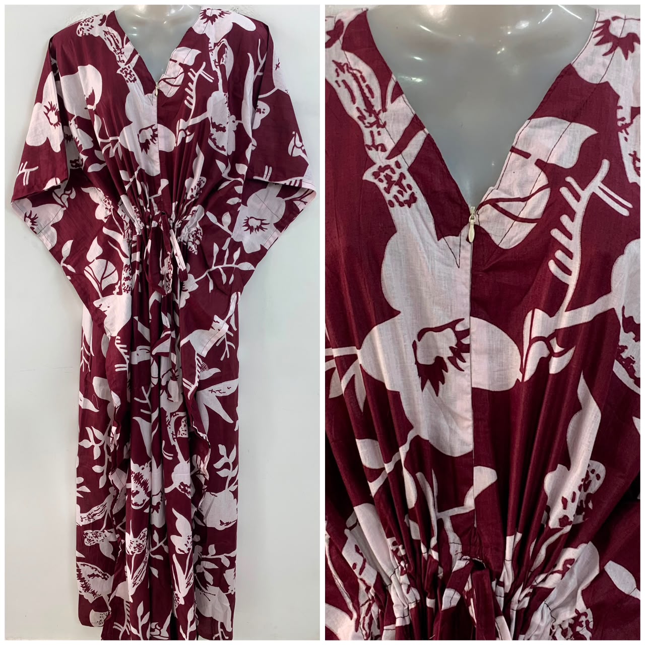 Dark Maroon Shade Pansy Flower Print Cotton Maternity Nursing Kaftan