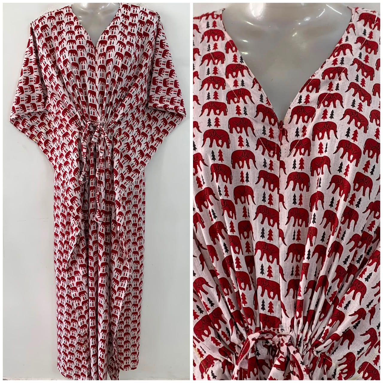 White Shade Dotted Elephant Print Cotton Maternity Nursing Kaftan