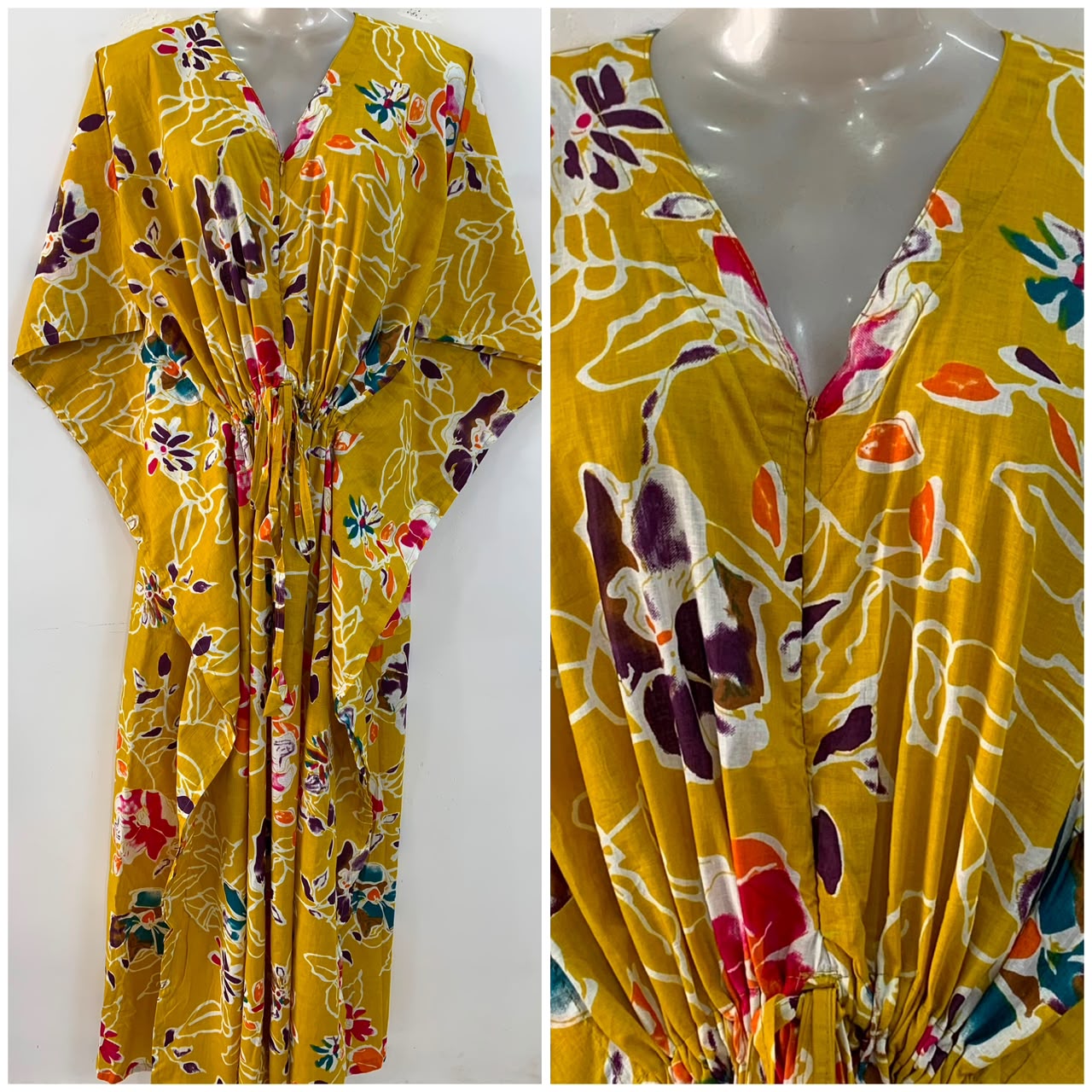 Yellow Shade Multicolor Flower Outliner Print Cotton Maternity Nursing Kaftan