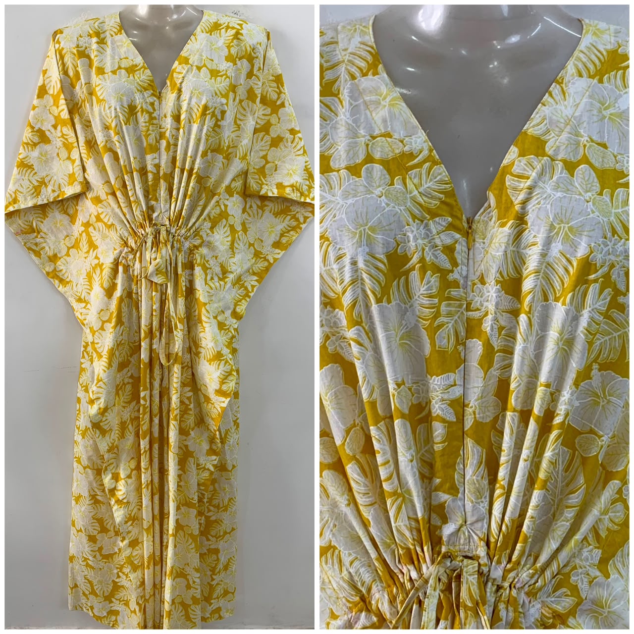 Yellow Shade White Hibiscus Leafy Print Cotton Maternity Nursing Kaftan