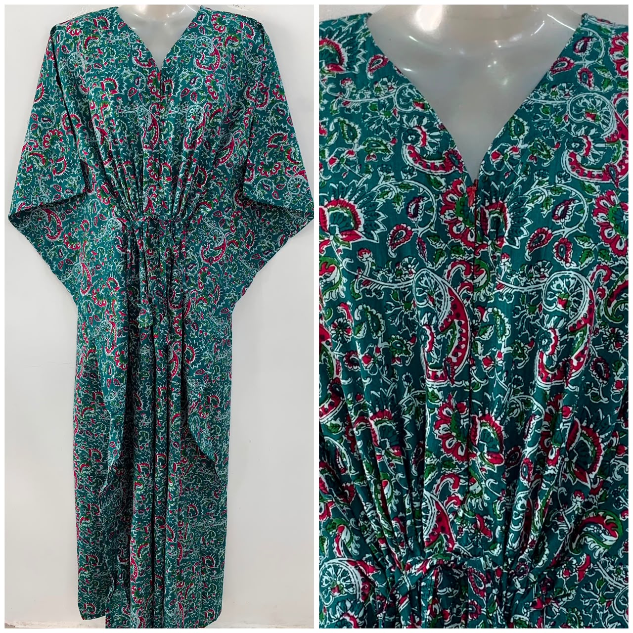 Dark Green Shade Pink Kalamkari Print Cotton Maternity Nursing Kaftan