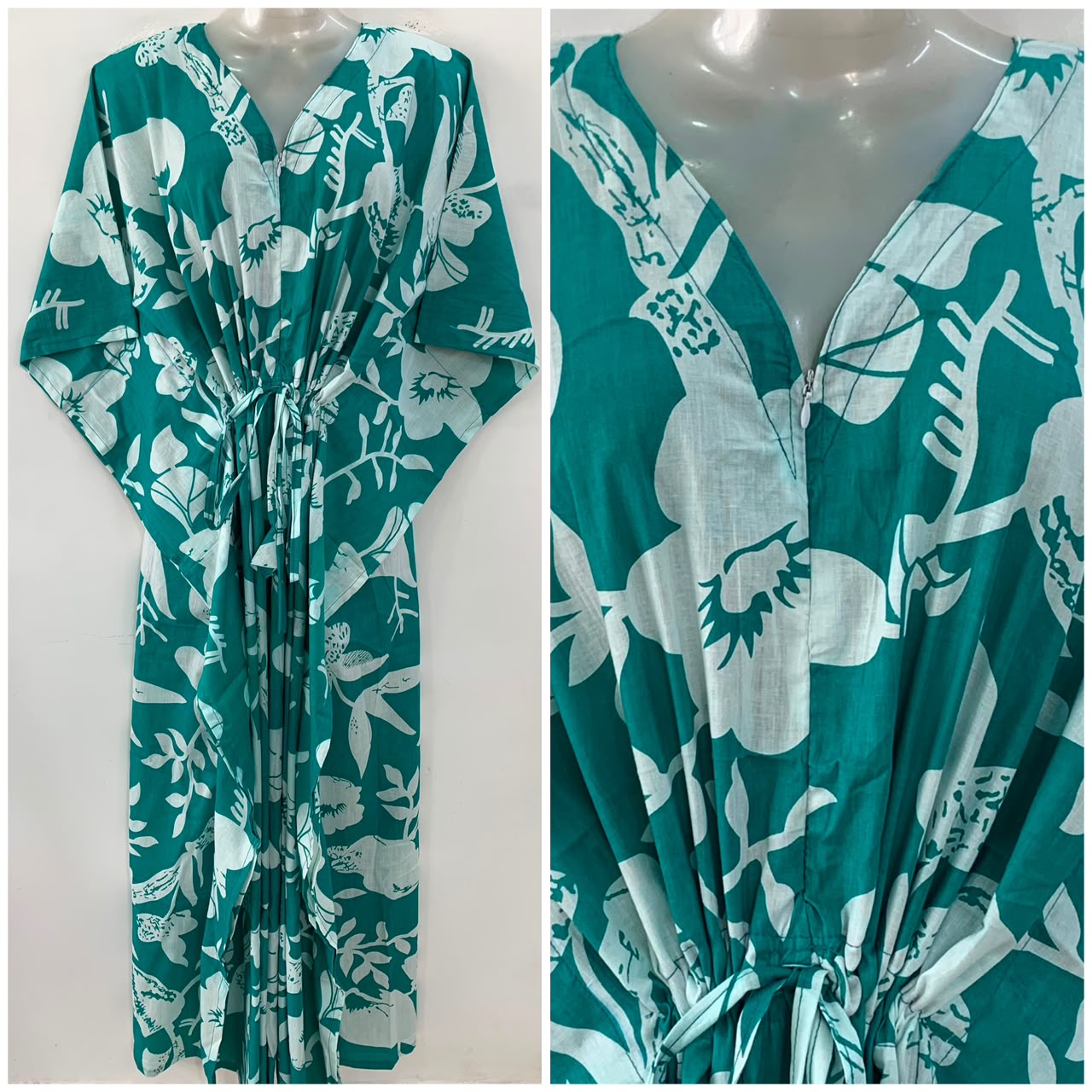 Seagreen Shade Pansy Flower Print Cotton Maternity Nursing Kaftan