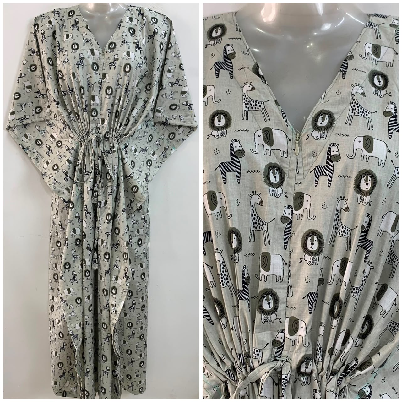 Pastel Green Shade Animal Print Cotton Maternity Nursing Kaftan