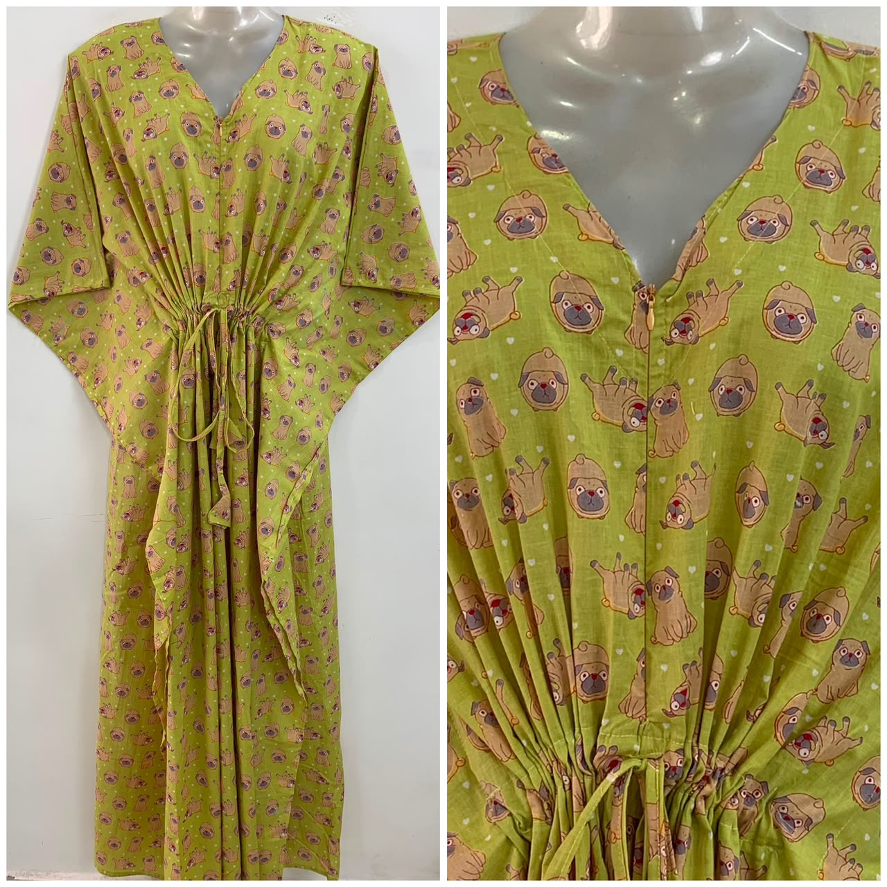 Light Green Shade Brown Puppy Print Cotton Maternity Nursing Kaftan