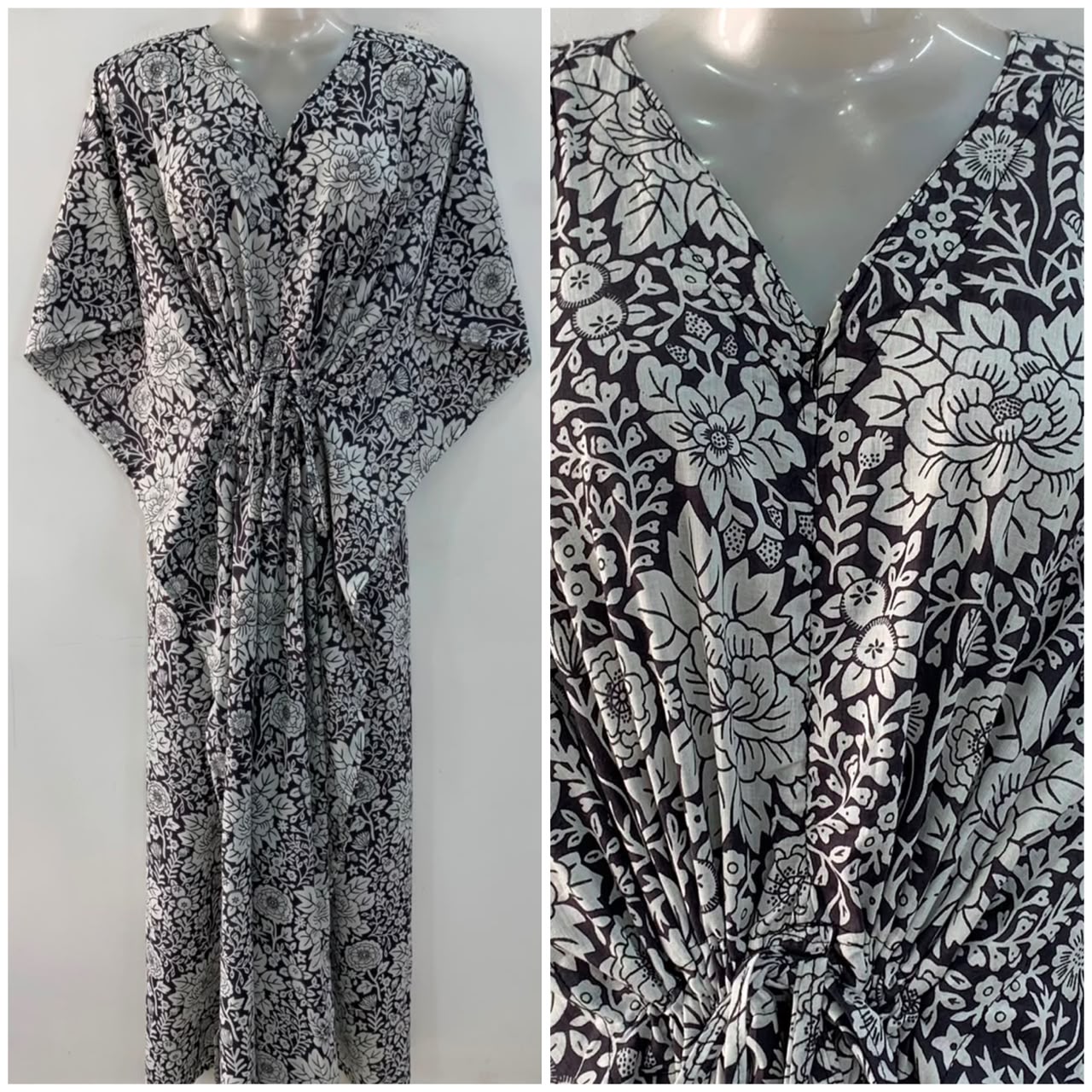 Black Shade Big Flowery Leafy Print Cotton Maternity Nursing Kaftan