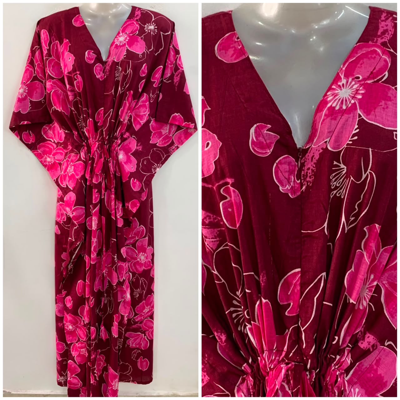 Dark Maroon Shade Pink Glowy Flower Print Cotton Maternity Nursing Kaftan
