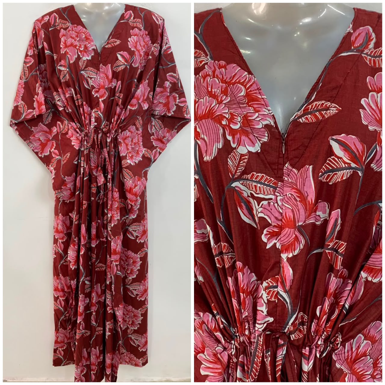Dark Maroon Shade Pink Earth Lotus Print Cotton Maternity Nursing Kaftan