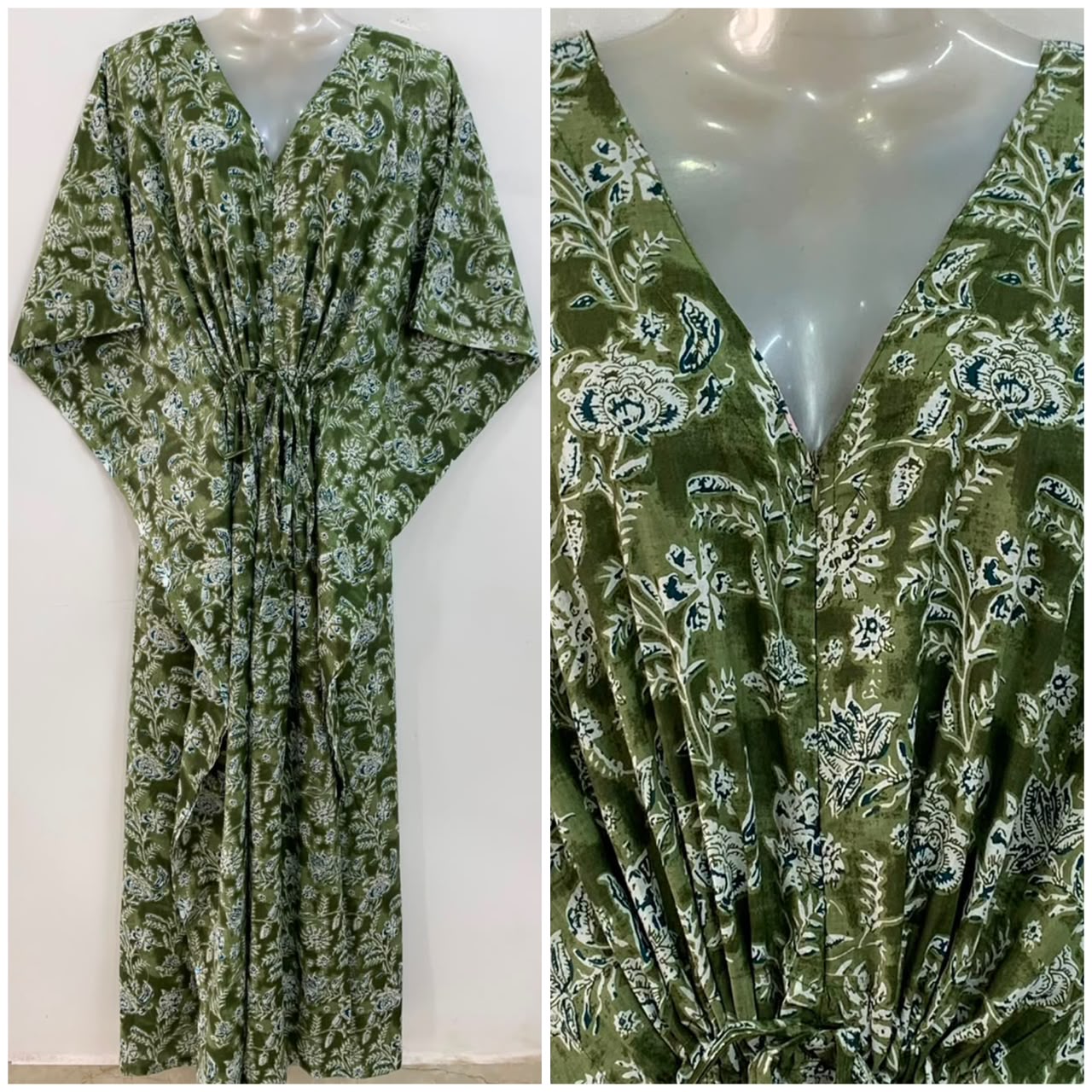 Green Shaded Blue Flower Jungle Print Cotton Maternity Nursing Kaftan