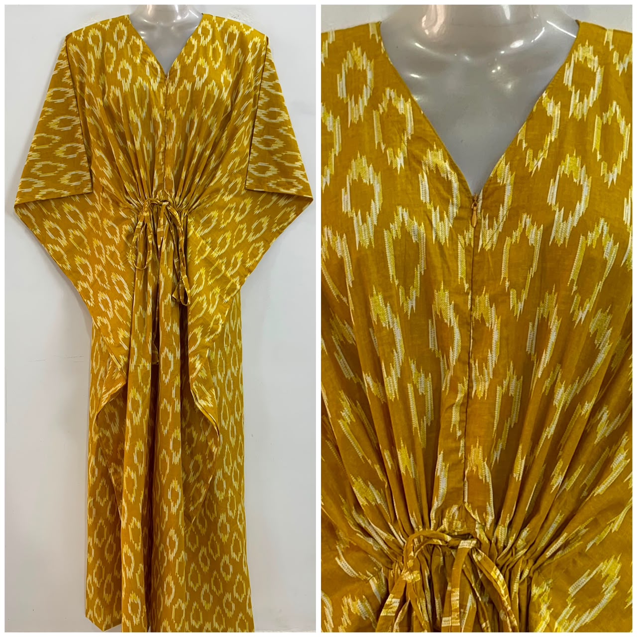 Yellow Shade Ikkat Print Cotton Maternity Nursing Kaftan
