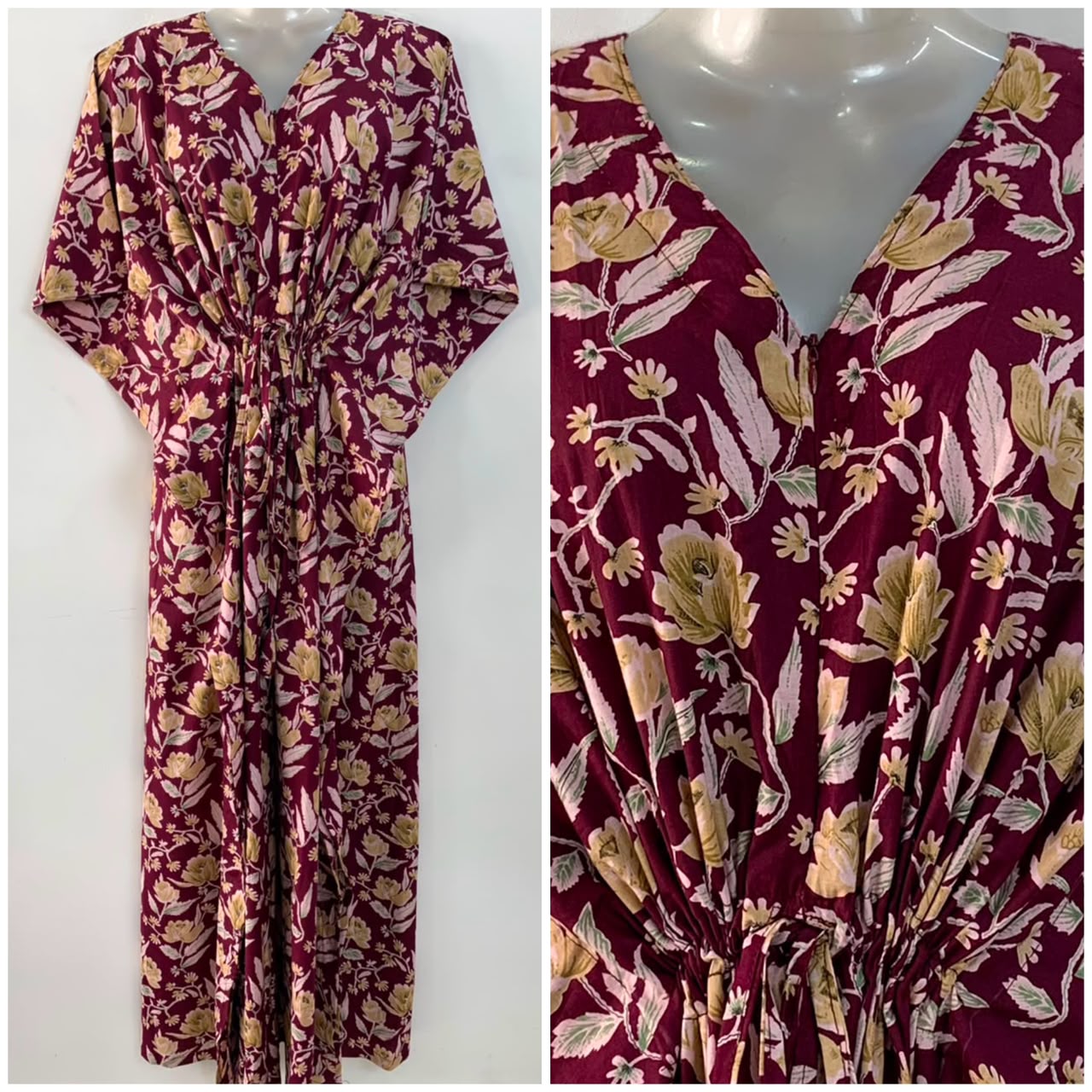 Plum Shade Yellow Rose Garden Print Cotton Maternity Nursing Kaftan