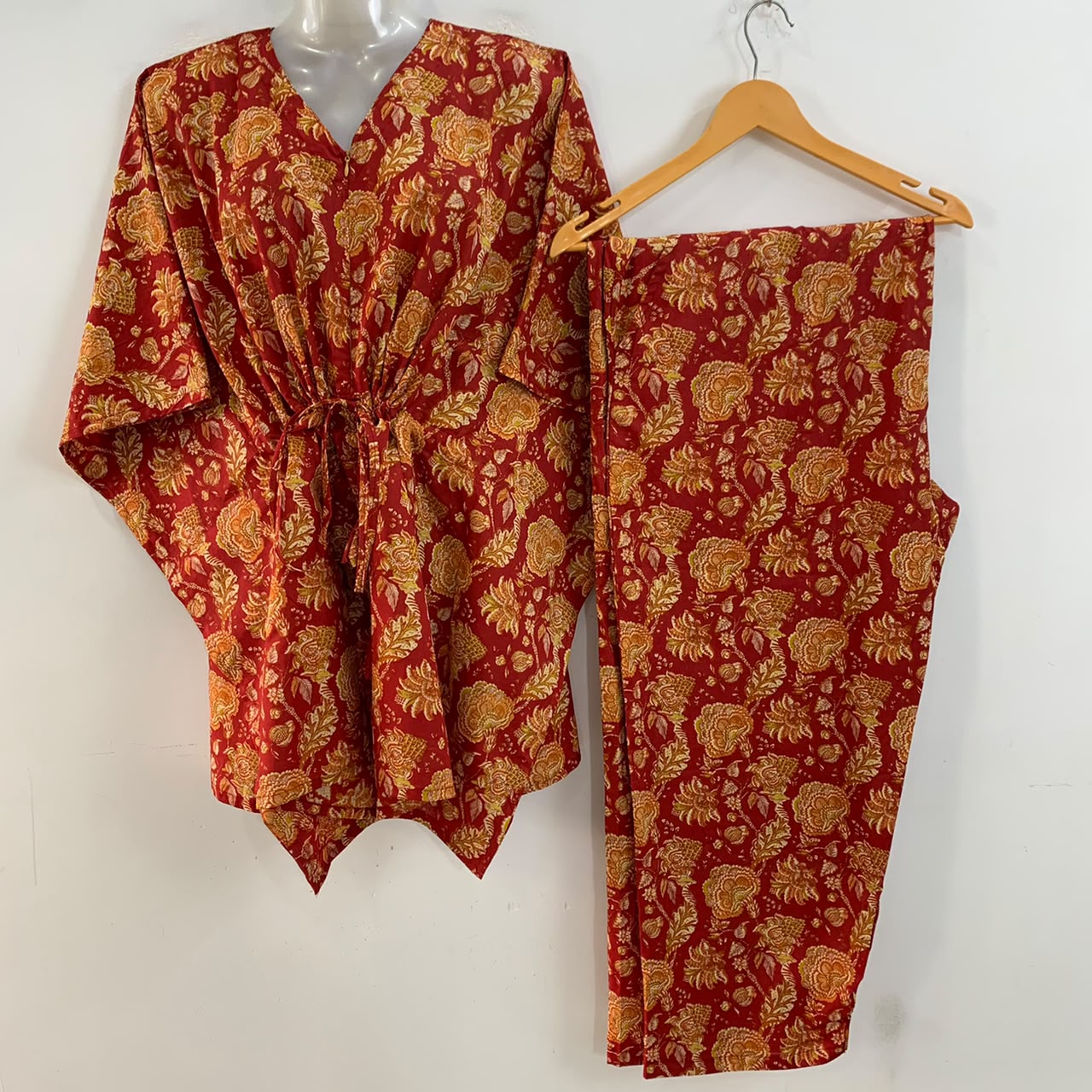 Red Shade Yellow Mariegold Print Cotton Maternity Kaftan Co-Ord Set