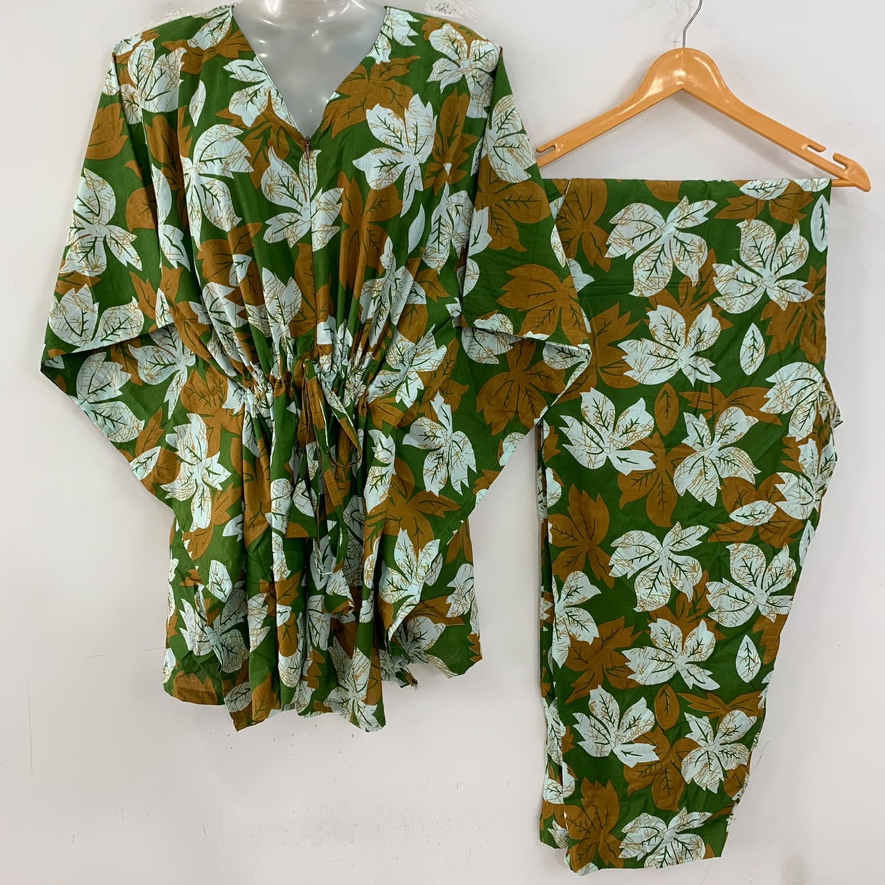 Green Shade Maple Leafy Print Cotton Maternity Kaftan Co-Ord Set