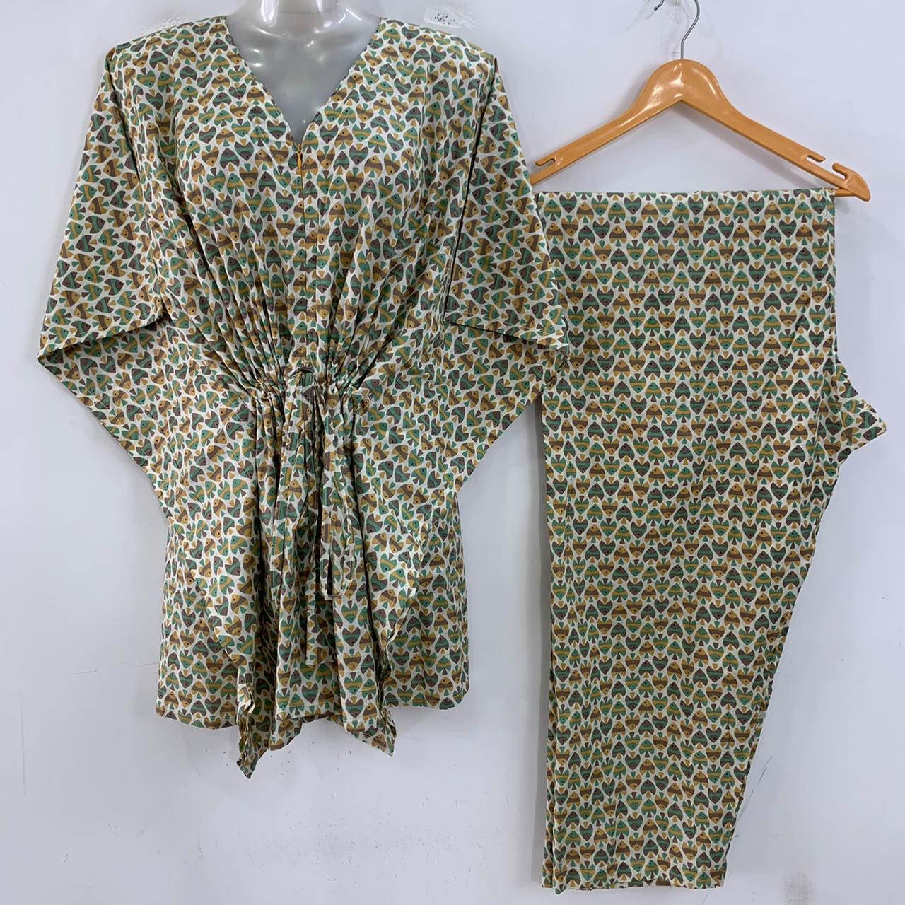 Yellow-Green Fishy Print Cotton Maternity Kaftan Co-Ord Set