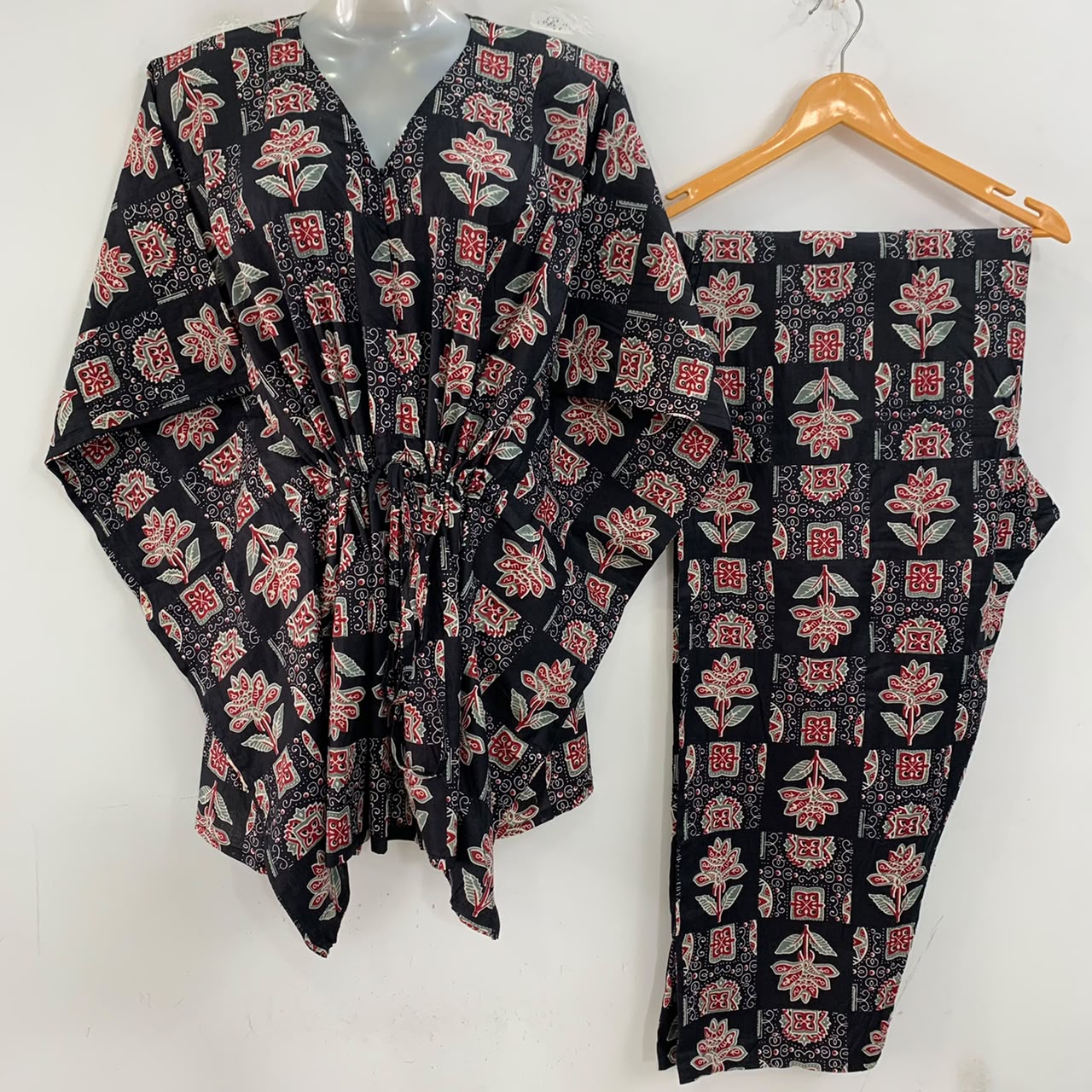 Black Shade Block Flower Print Cotton Maternity Kaftan Co-Ord Set