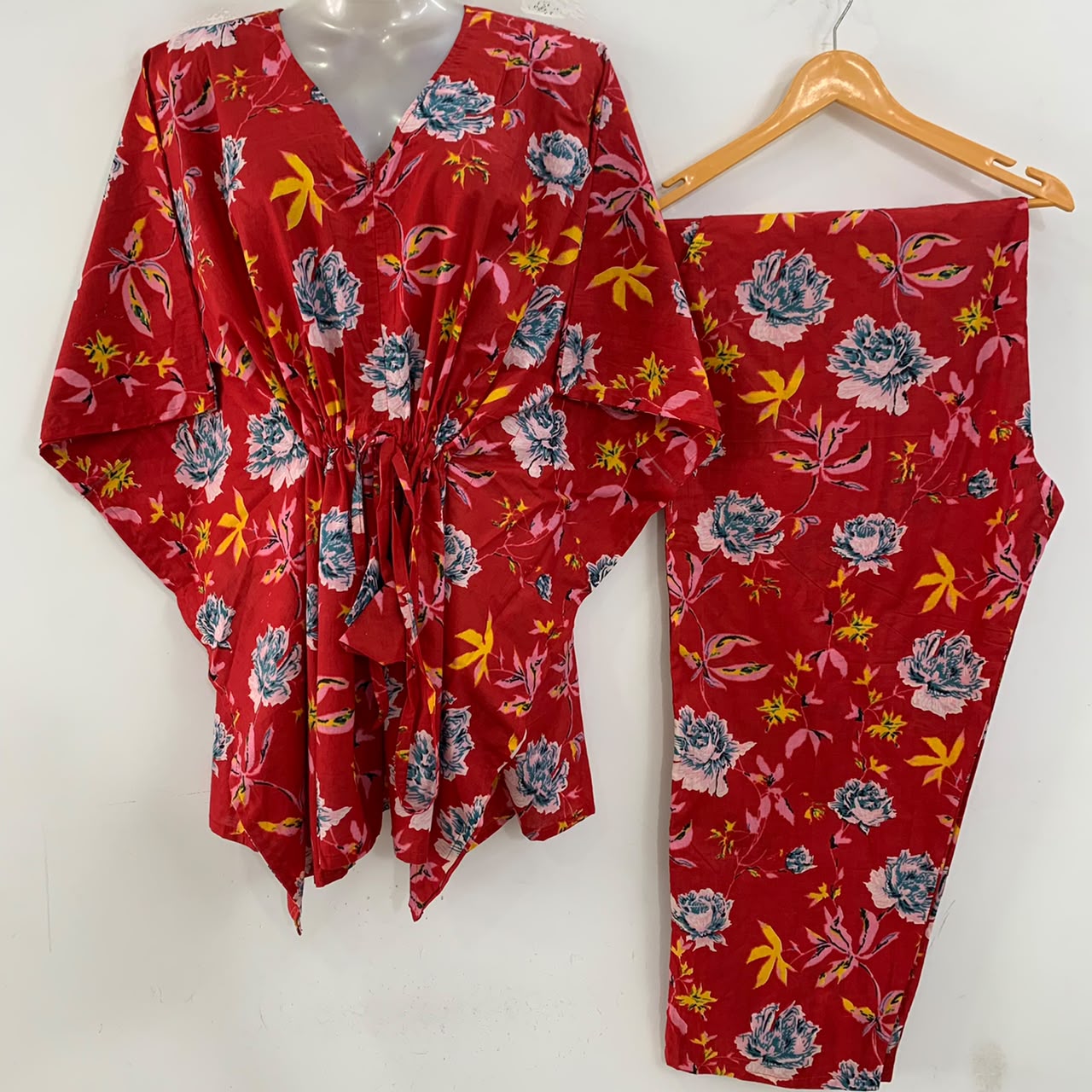 Red Shade Blue Rose Print Cotton Maternity Kaftan Co-Ord Set