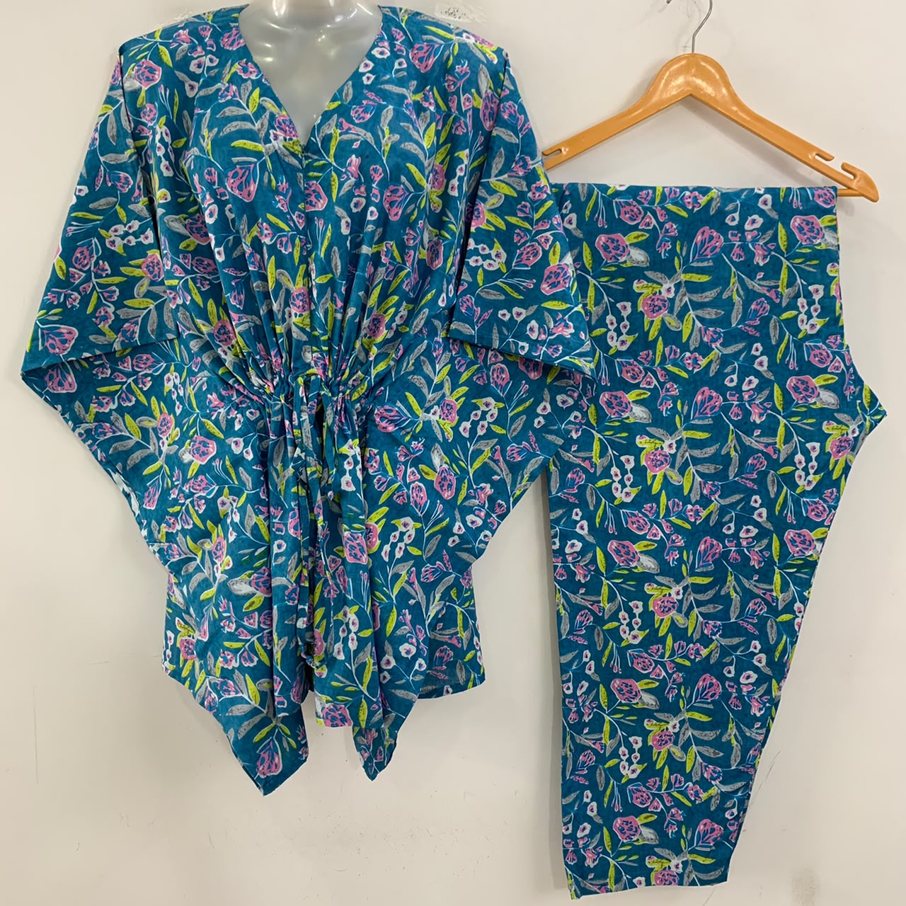 Blue Shade Grey Leafy Print Cotton Maternity Kaftan Co-Ord Set