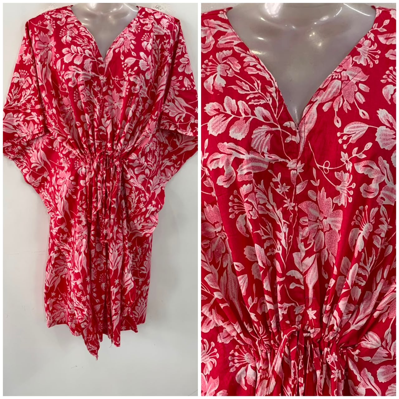 Red Shade Pink Leafy Jungle Print Mid-Length Cotton Maternity Kaftan Dress