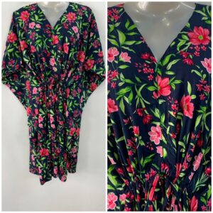 Dark Navy Blue Shade Pink Spring Flower Print Mid-Length Rayon Maternity Kaftan Dress