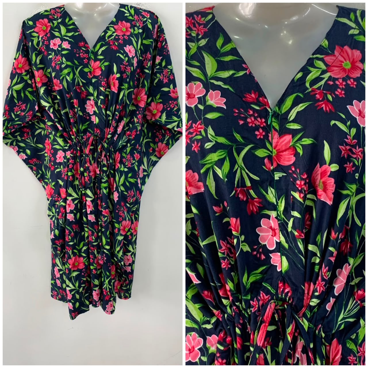 Dark Navy Blue Shade Pink Spring Flower Print Mid-Length Rayon Maternity Kaftan Dress