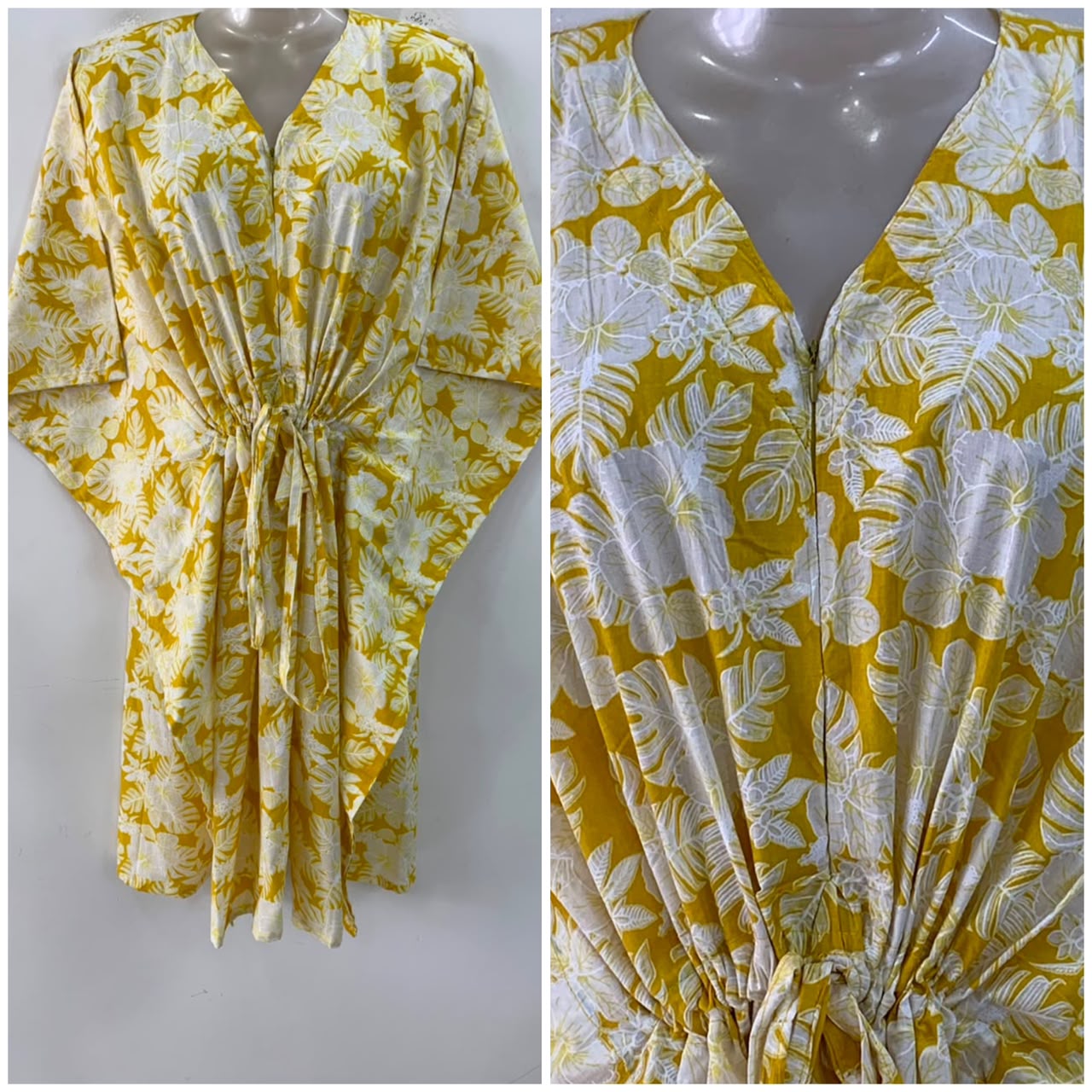 Bright Yellow Shade White Hibiscus Leafy Print Mid-Length Cotton Maternity Kaftan Dress