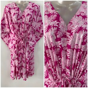 Pink Shade White Hibiscus Leafy Print Mid-Length Cotton Maternity Kaftan Dress