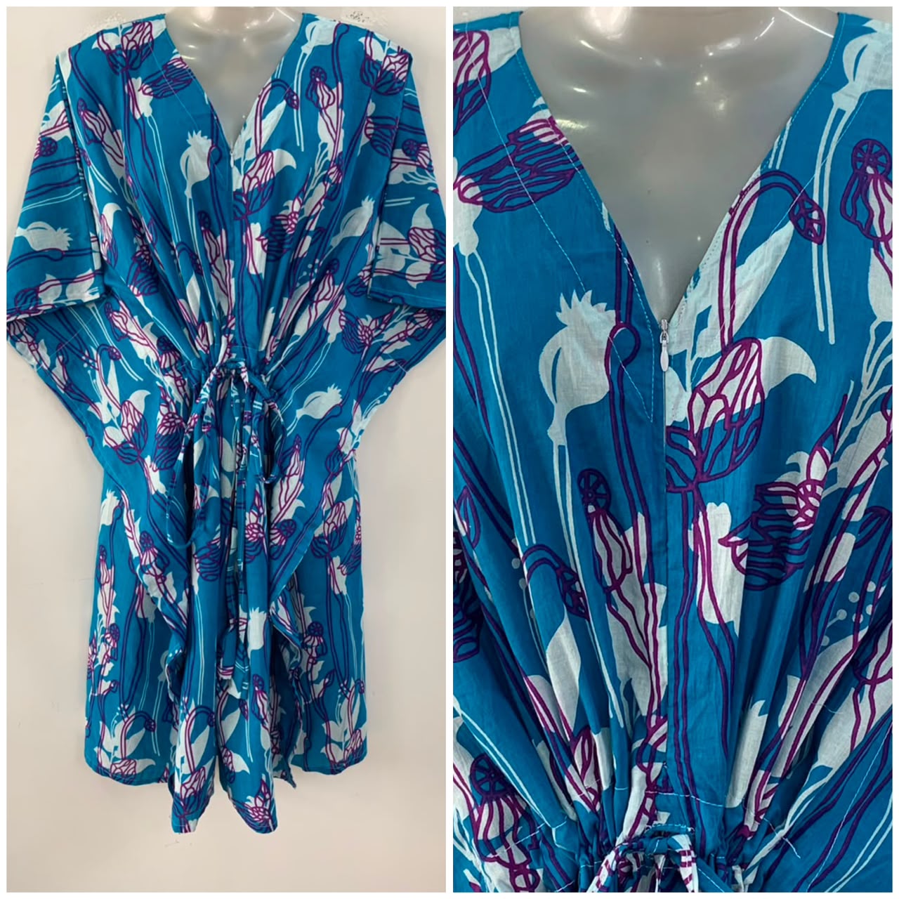 Blue Shade Purple Lining Abstract Print Mid-Length Cotton Maternity Kaftan Dress