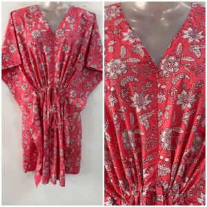 Peach Shade Flower Jungle Print Mid-Length Cotton Maternity Kaftan Dress