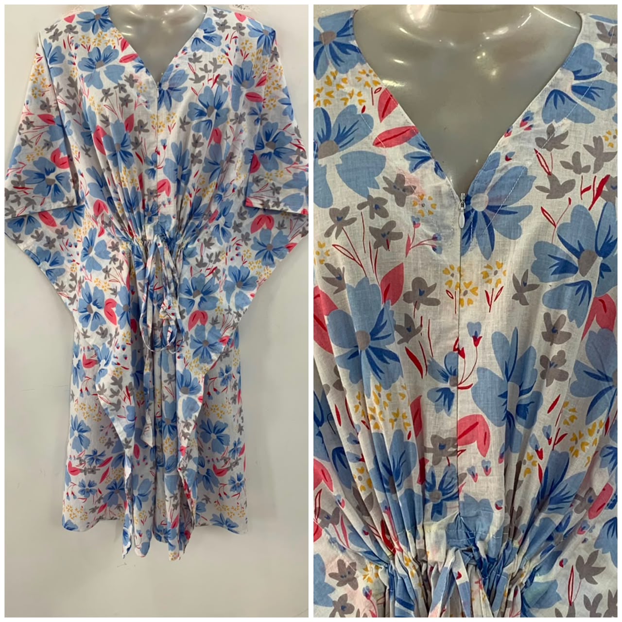 White Shade Blue Moonlight Flower Print Mid-Length Cotton Maternity Kaftan Dress