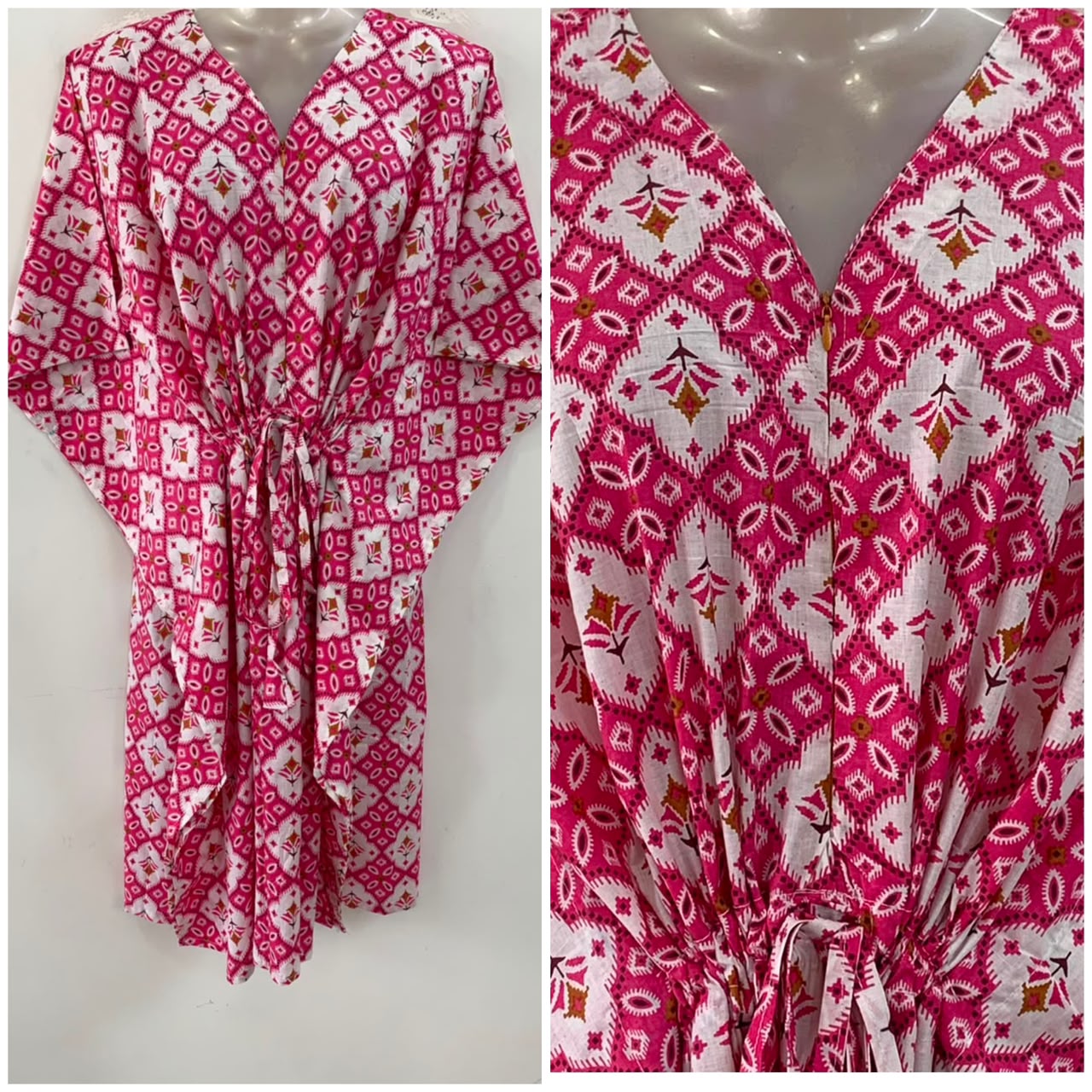 Pink Shade Flower Bunch Ikkat Print Mid-Length Cotton Maternity Kaftan Dress