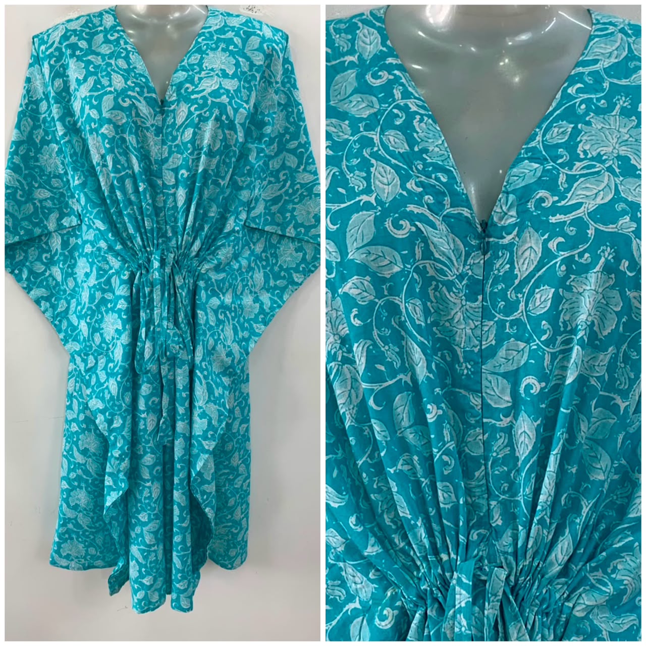 Light Blue Shade Leafy Bale Print Mid-Length Cotton Maternity Kaftan Dress