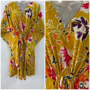 Yellow Shade Multicolor Flower Outliner Print Mid-Length Cotton Maternity Kaftan Dress