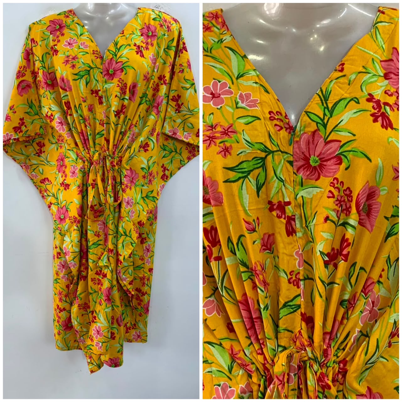 Yellow Shade Pink Spring Flower Print Mid-Length Rayon Maternity Kaftan Dress