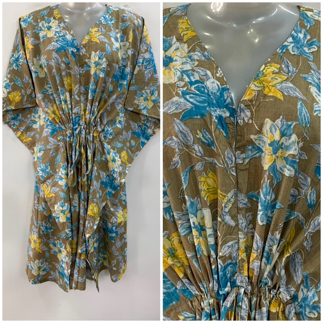 Slate Brown Shade Yellow-Blue Morning Glory Print Mid-Length Cotton Maternity Kaftan Dress