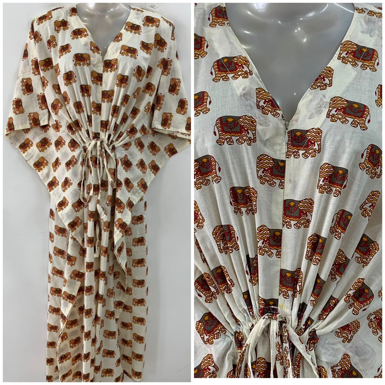 Off White Brown Ethnic Elephant Print Cotton Maternity Nursing Kaftan