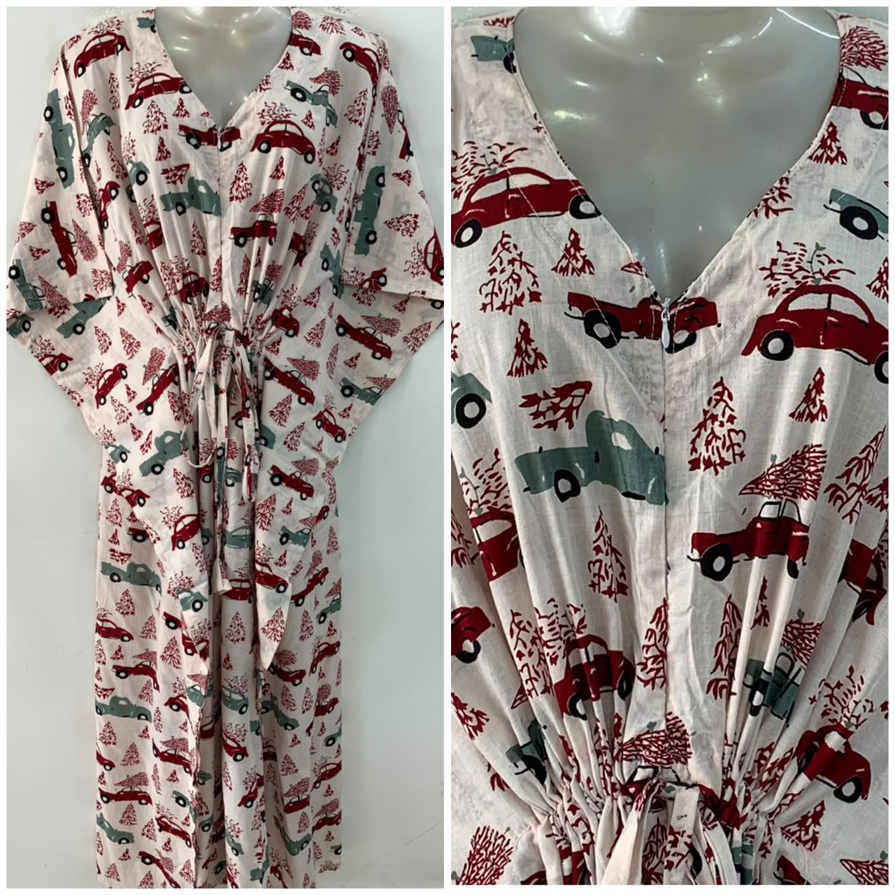 White Shade Maroon Car Print Cotton Maternity Nursing Kaftan