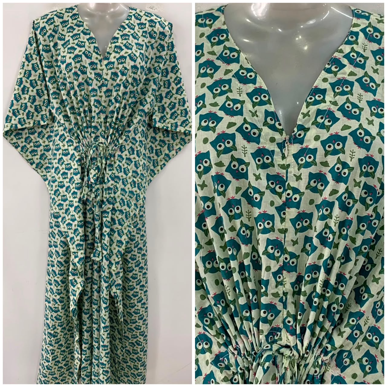 Off White Shade Blue Owl Print Cotton Maternity Nursing Kaftan